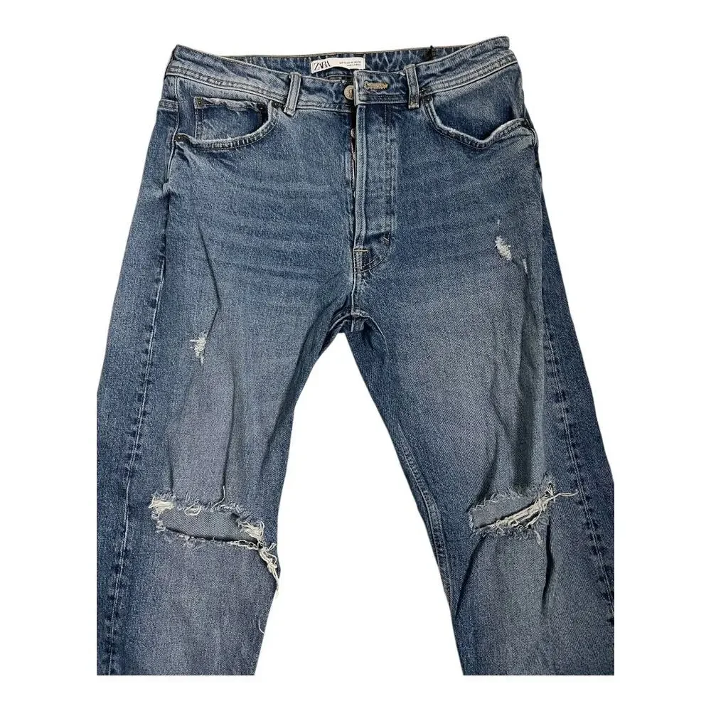 Zara Mens Jeans 32 button Fly Distressed Straight Denim